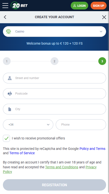 Creating an account on 20Bet