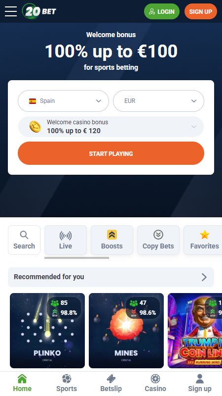 20Bet bookmaker homepage