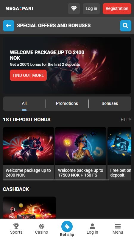 Promotions page on Megapari