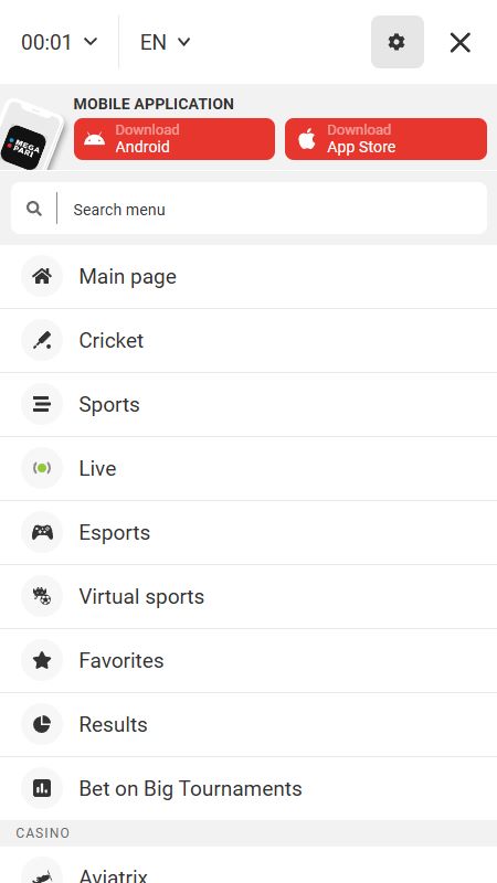 Explore Megapari site full menu options