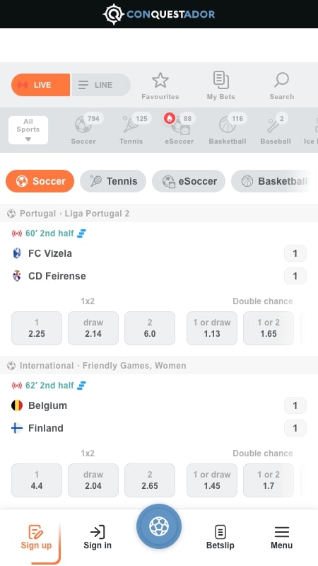 Conquestador live betting interface