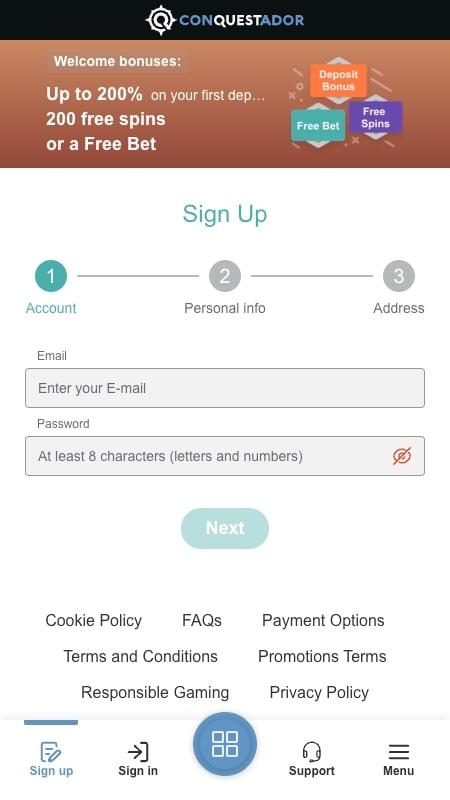 Creating an account on Conquestador