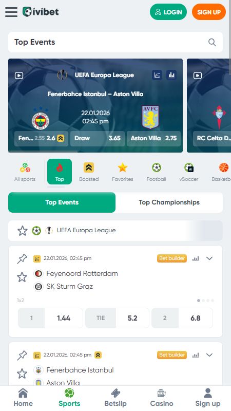 Online sports betting section on Ivibet