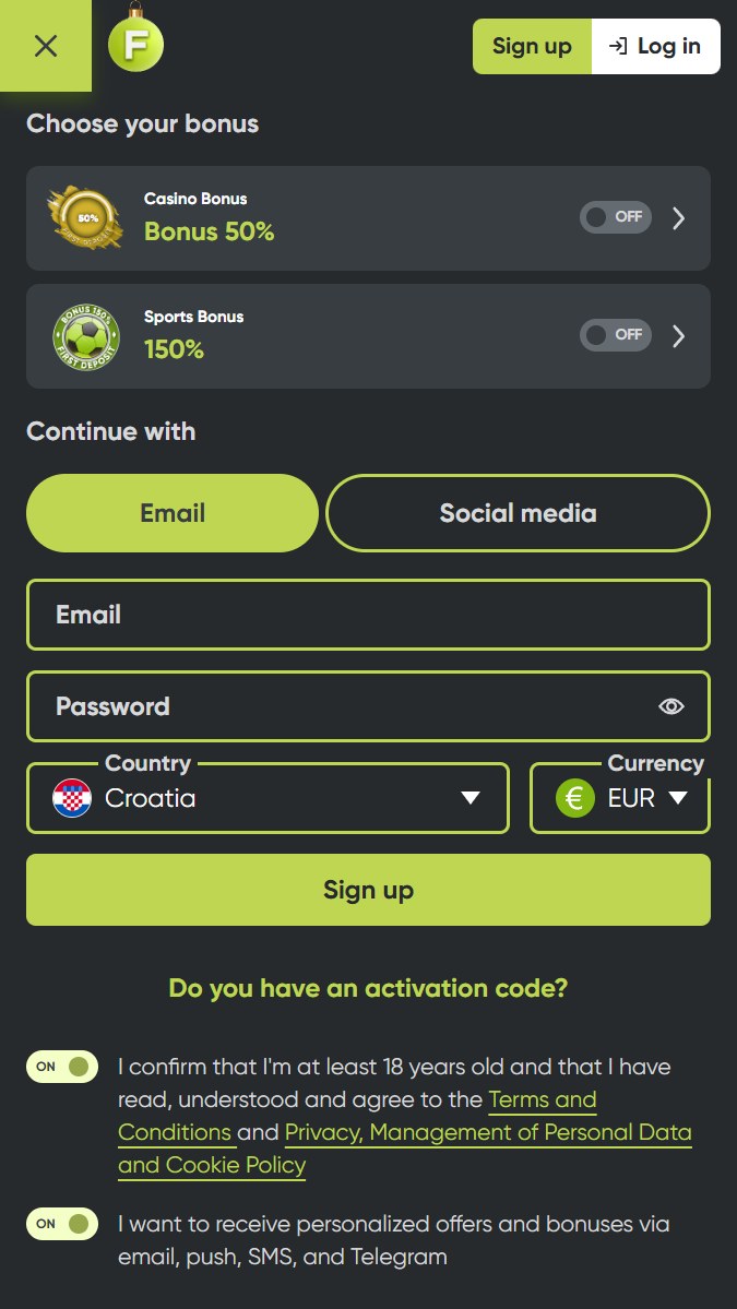 Create an account in Fresh Casino Croatia