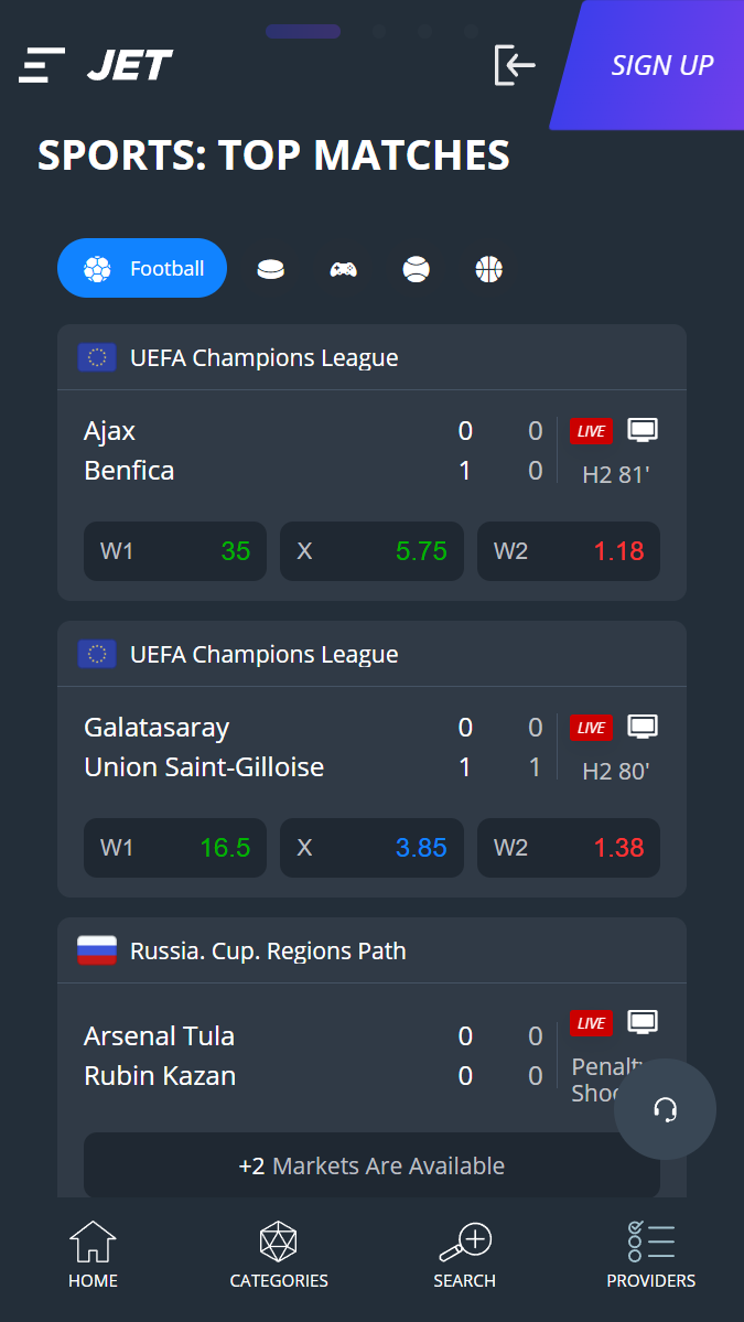 Top Matches from the best football leagues at Jet Casino