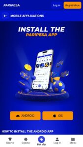 Mobile app interface of Paripesa bookmaker