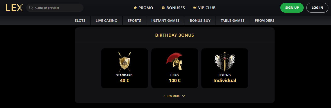 LEX Casino Birthday bonus