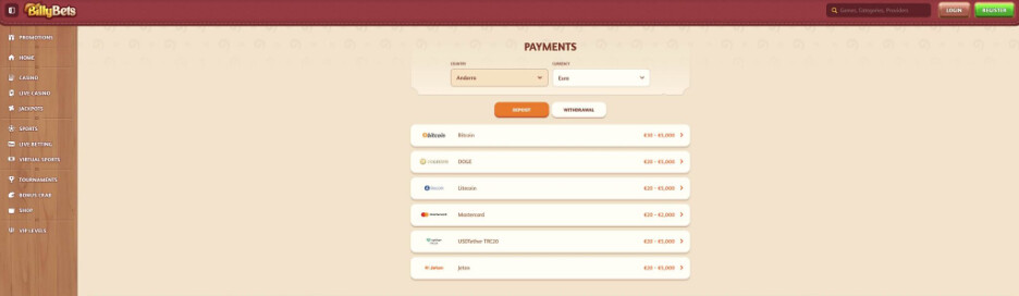 Deposits & Withdrawals billybet
