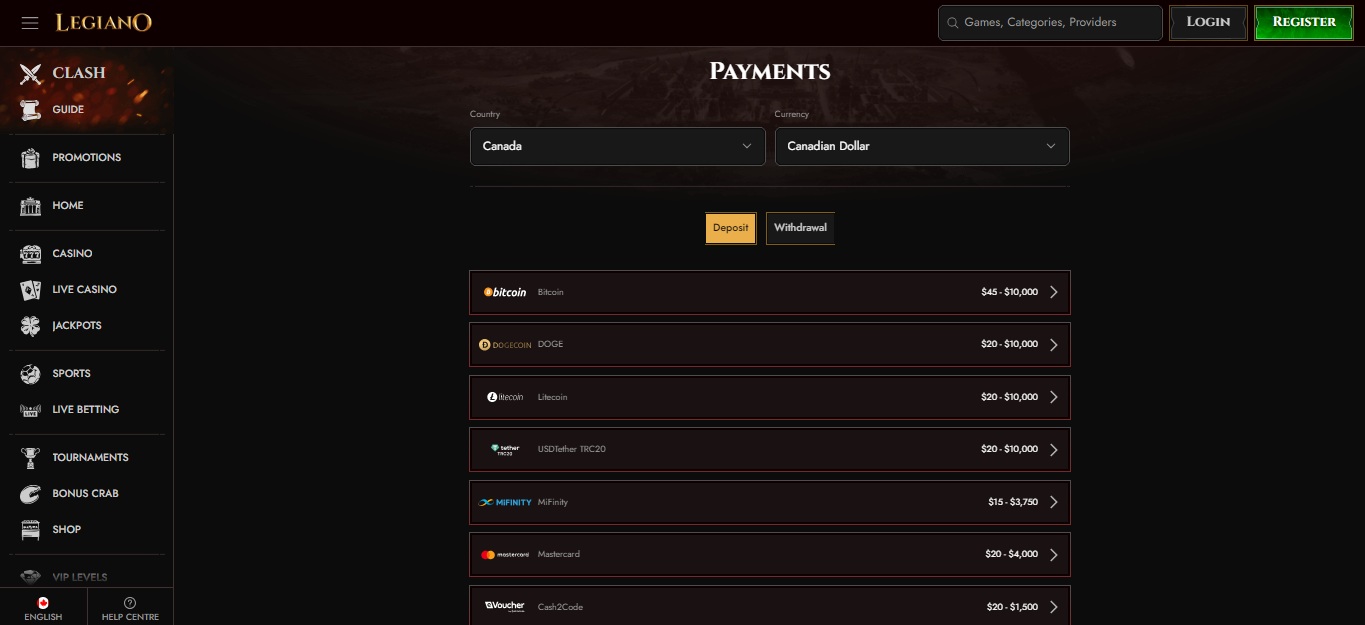 Legiano bookmaker Payment Methods Canada, allbets.tv