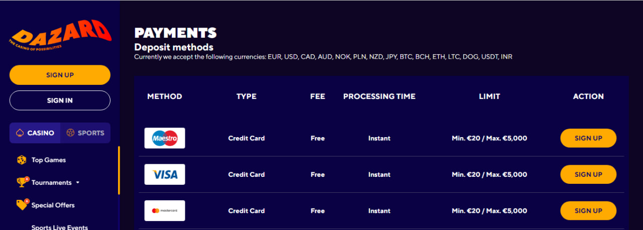 Dazard Deposits & Withdrawals