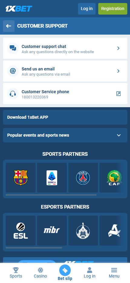 1xBet Customer Support(Mobile screen), allbets.tv