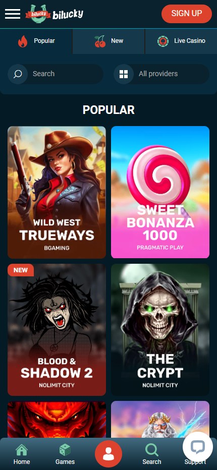 Bilucky Casino Games (Mobile screen), allbets.tv