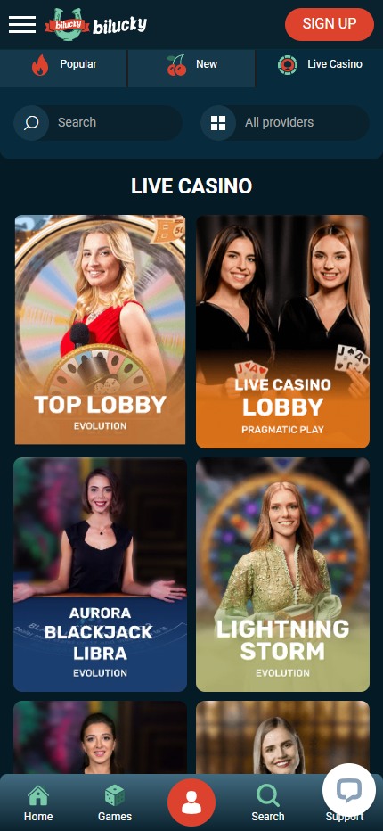 Bilucky Live Casino (Mobile screen), allbets.tv