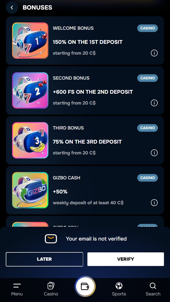 Gizbo casino bonuses in Canada
