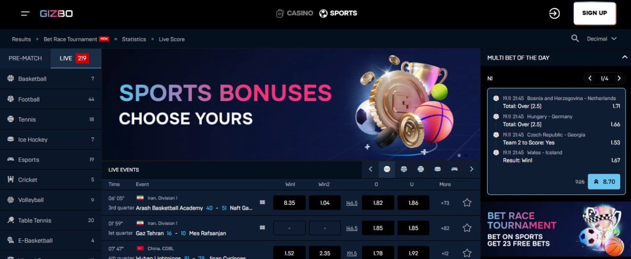 Live betting Gizbo