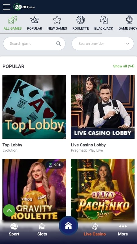 20Bet live casino interface