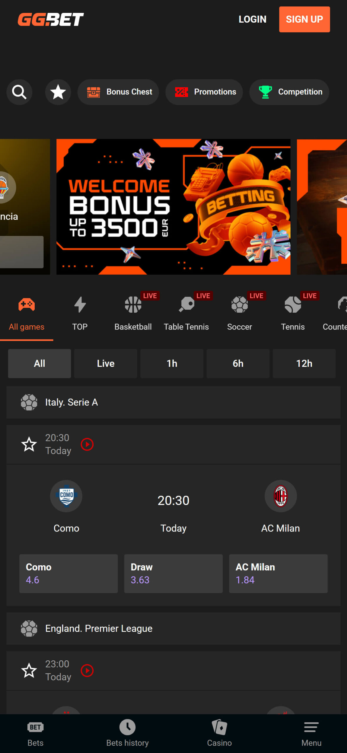 GGBet Bookmaker Main Page (mobile), allbets.tv