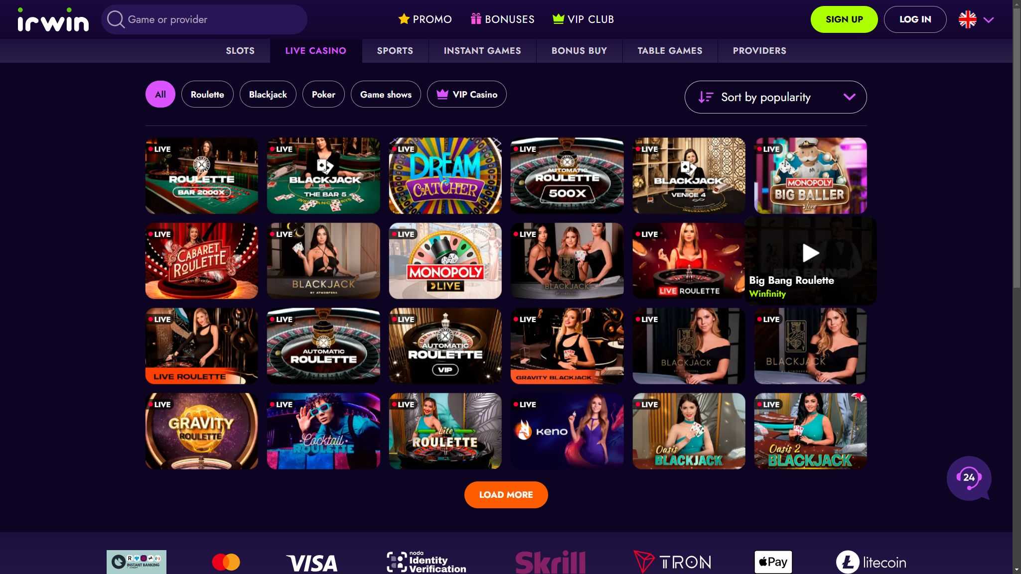 Irwin All Live Casino Games , allbets.tv