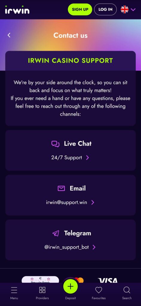 Irwin casino Support (mobile), allbets.tv
