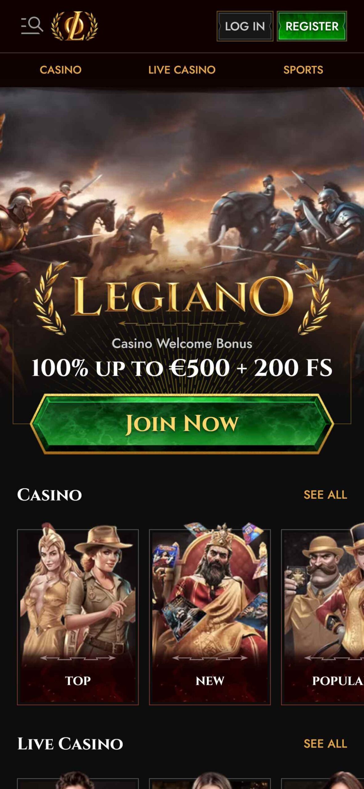 Legiano Main Page (mobile), allbets.tv