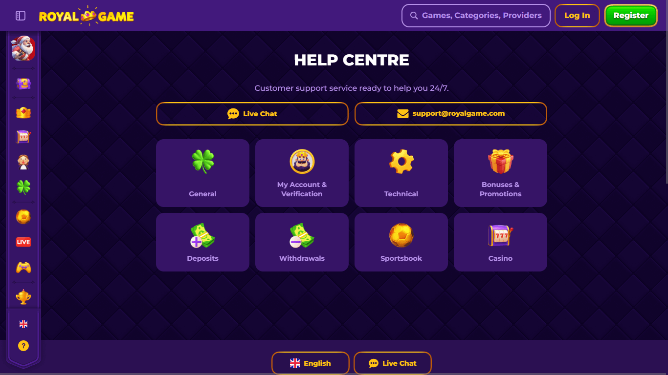 Royal Game help-centre, allbets.tv