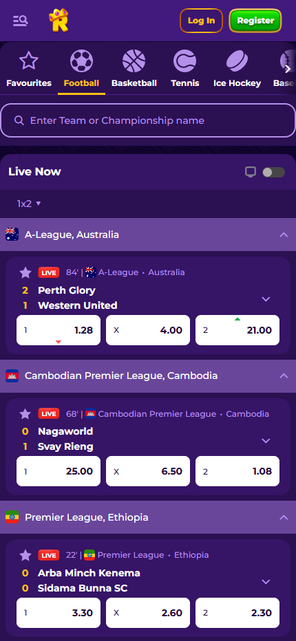 Royal Game Live Betting (Mobile screen), allbets.tv