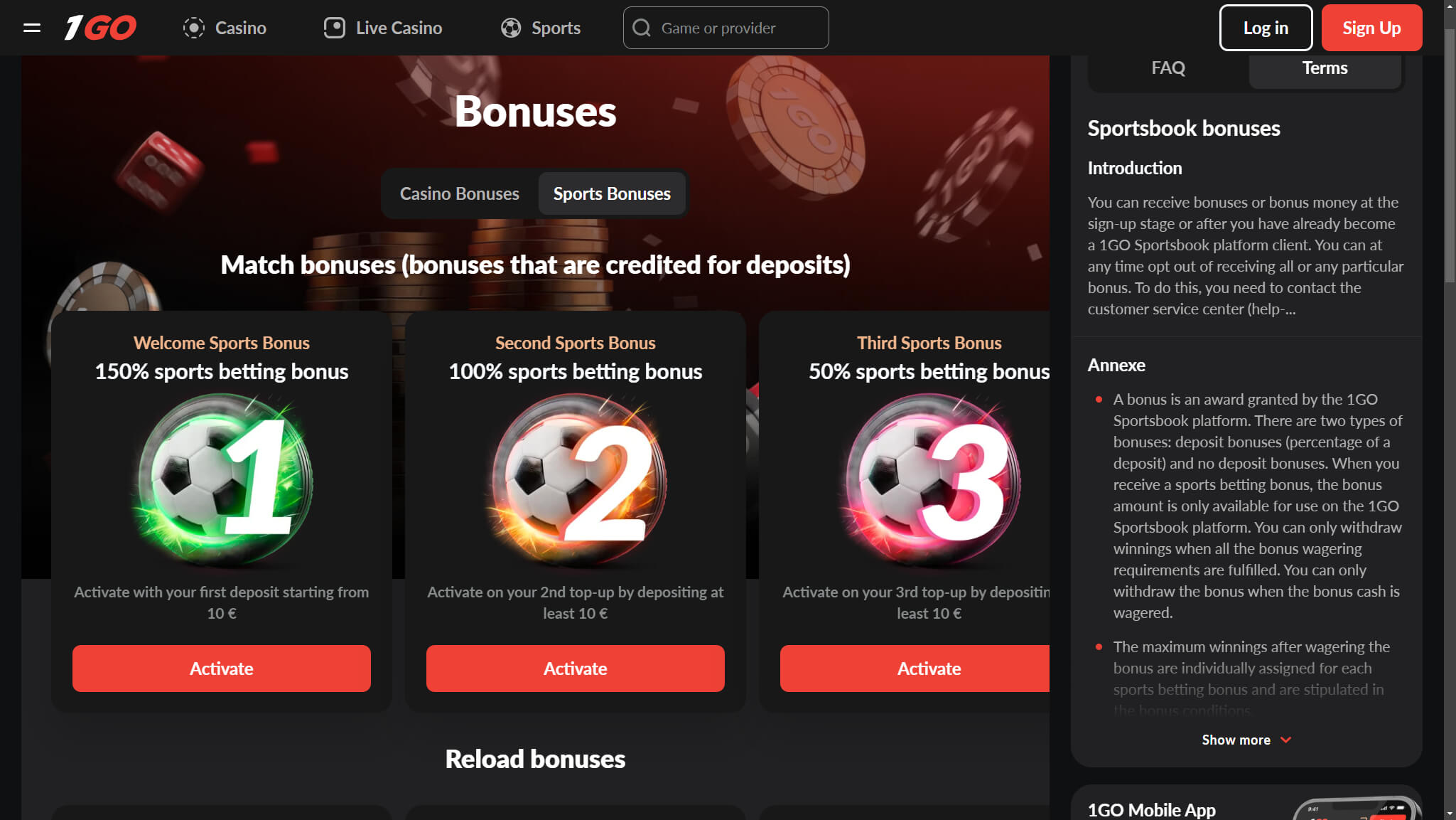 1GO Bookmaker Sport Bonuses, allbets.tv