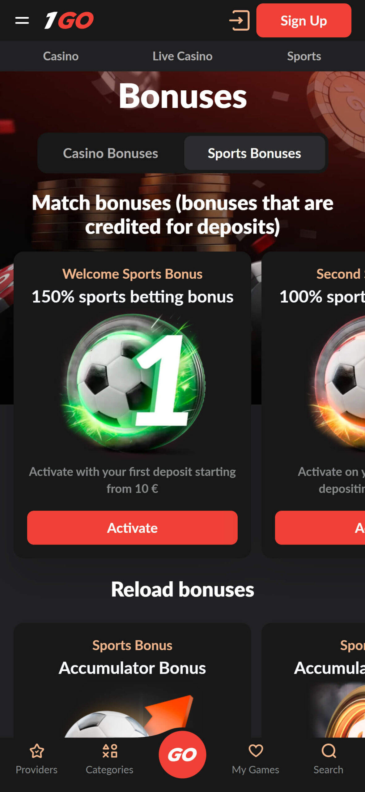 1GO Bookmaker Sport Bonuses (mobile), allbets.tv