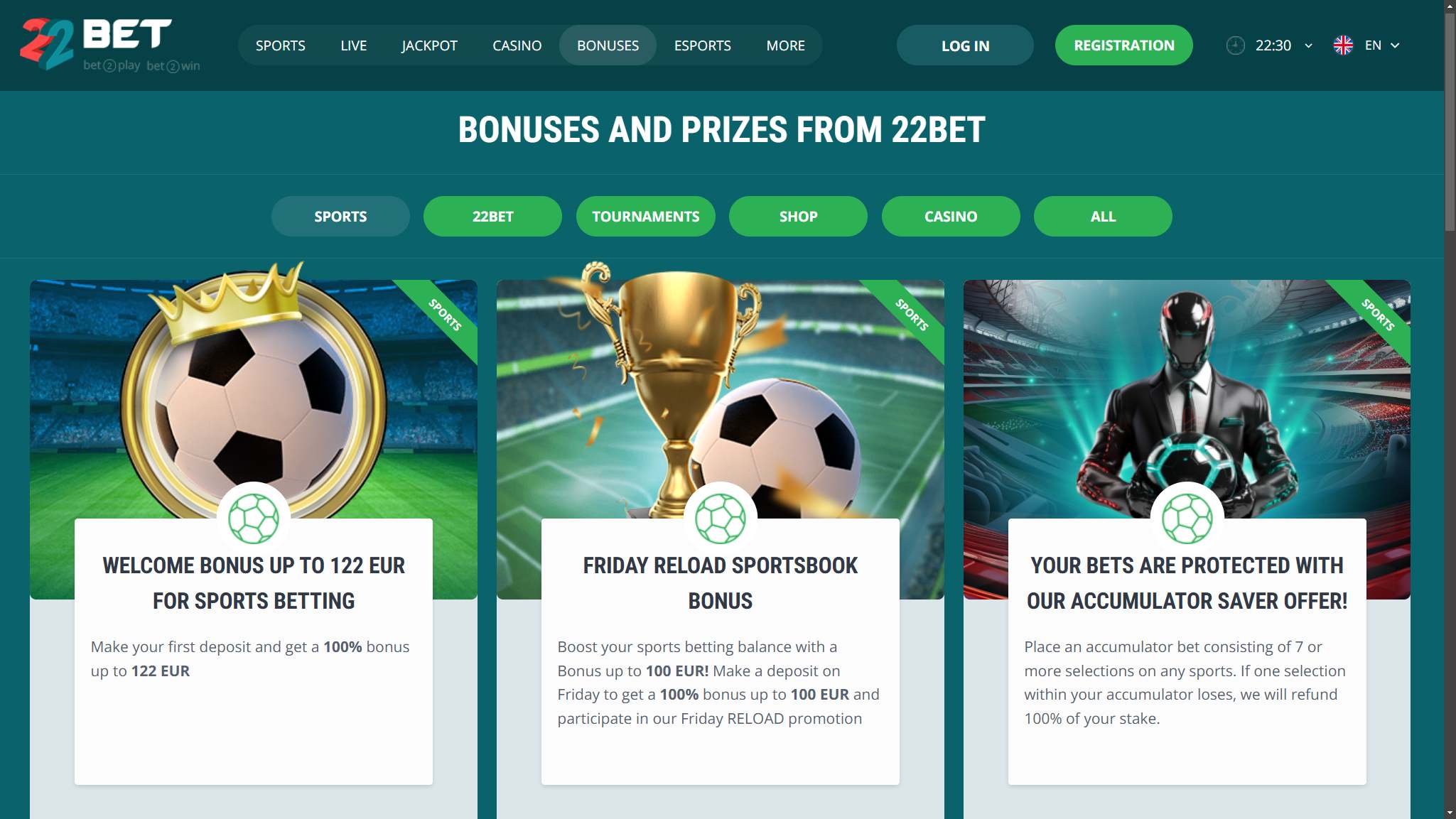 22Bet Bookmaker Bonuses, allbets.tv