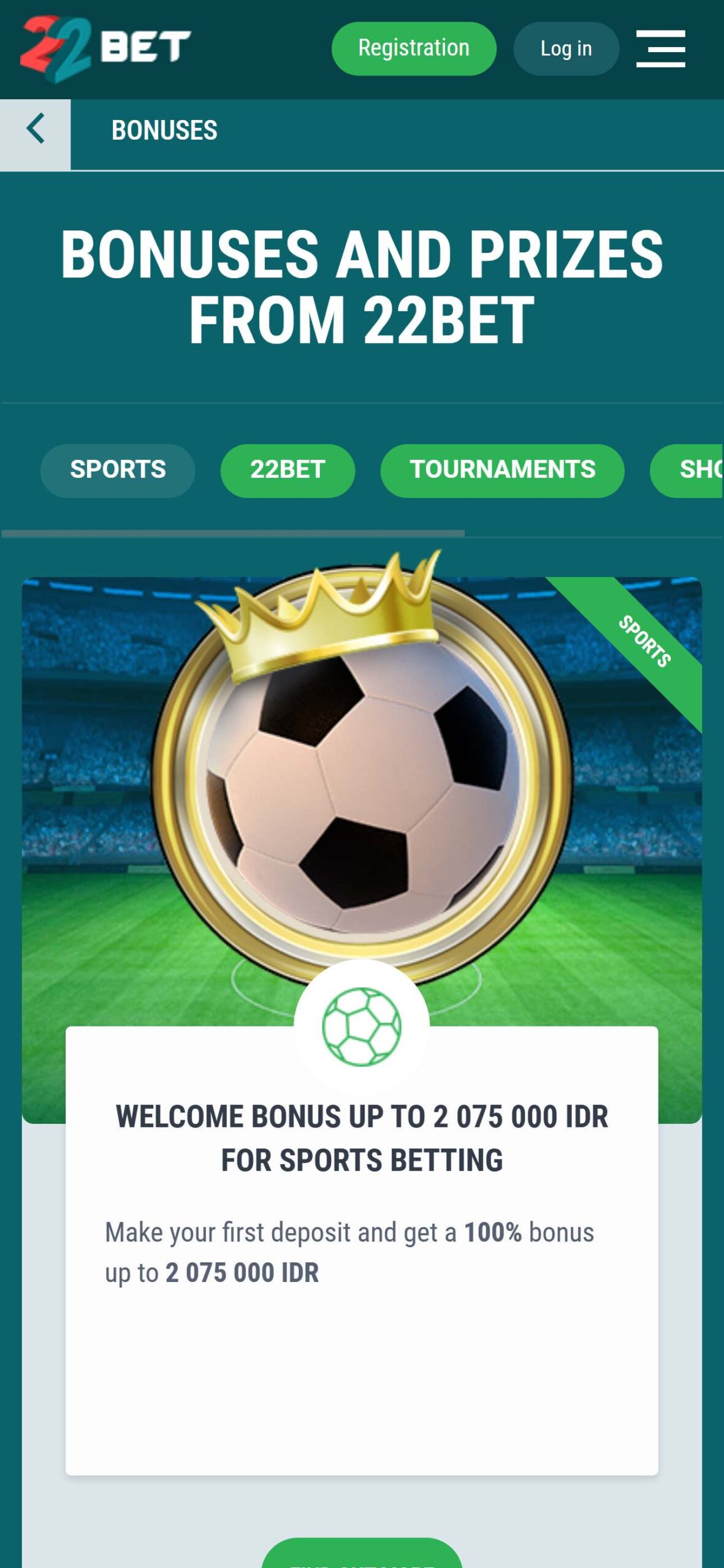 22Bet Bookmaker Sport Bonuses Indonesia (mobile), allbets.tv