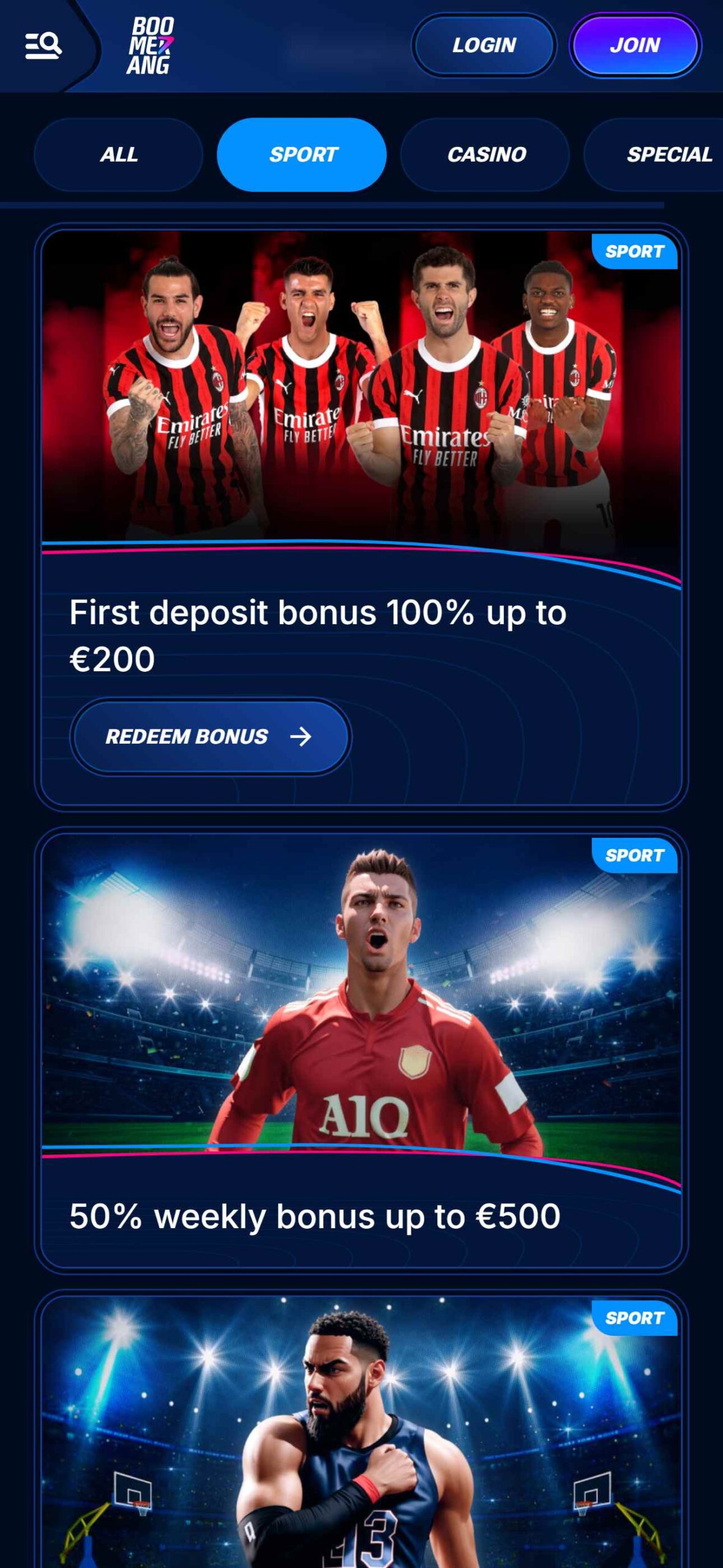 Boomerang-bet Bookmaker Sport Bonuses (mobile), allbets.tv