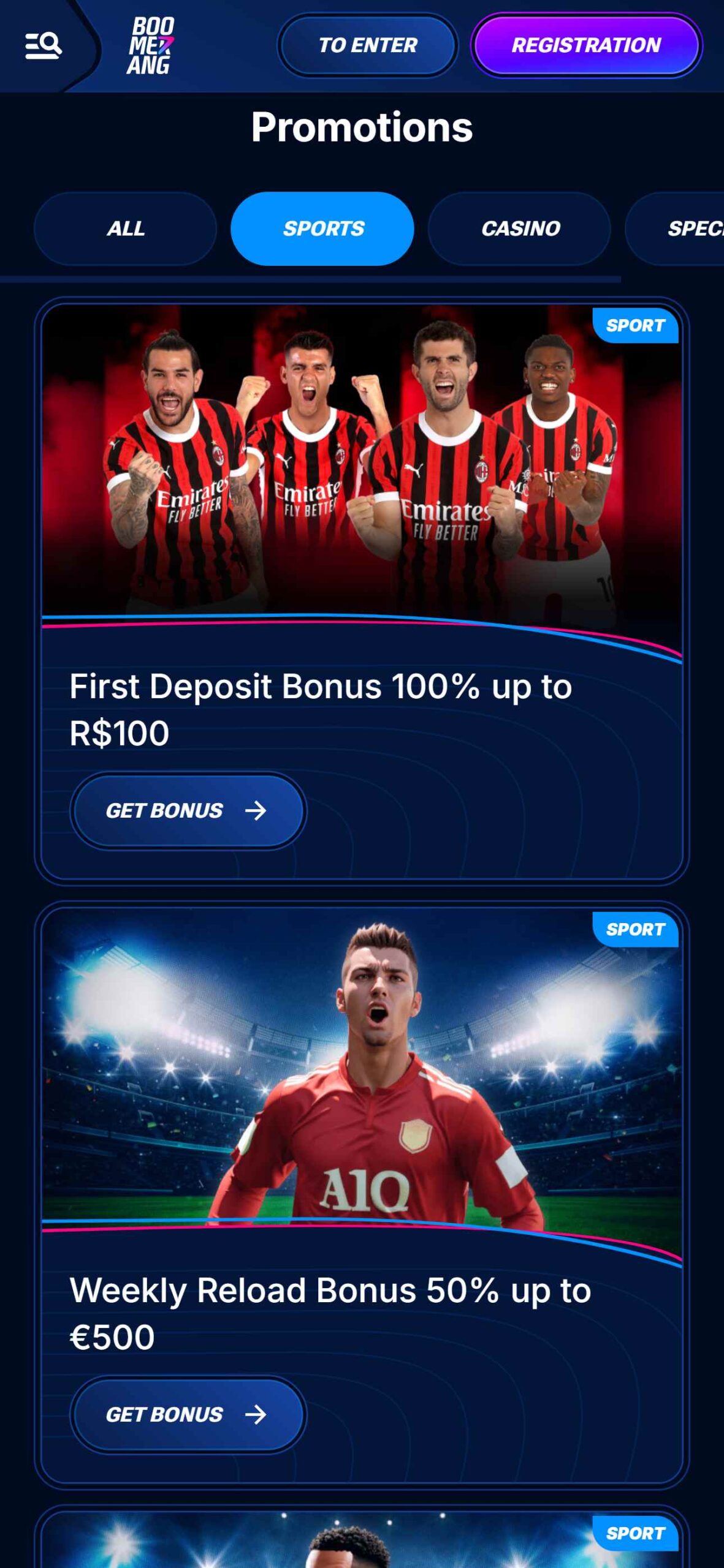 Boomerang bet Bookmaker Sport Bonuses (mobile), allbets.tv