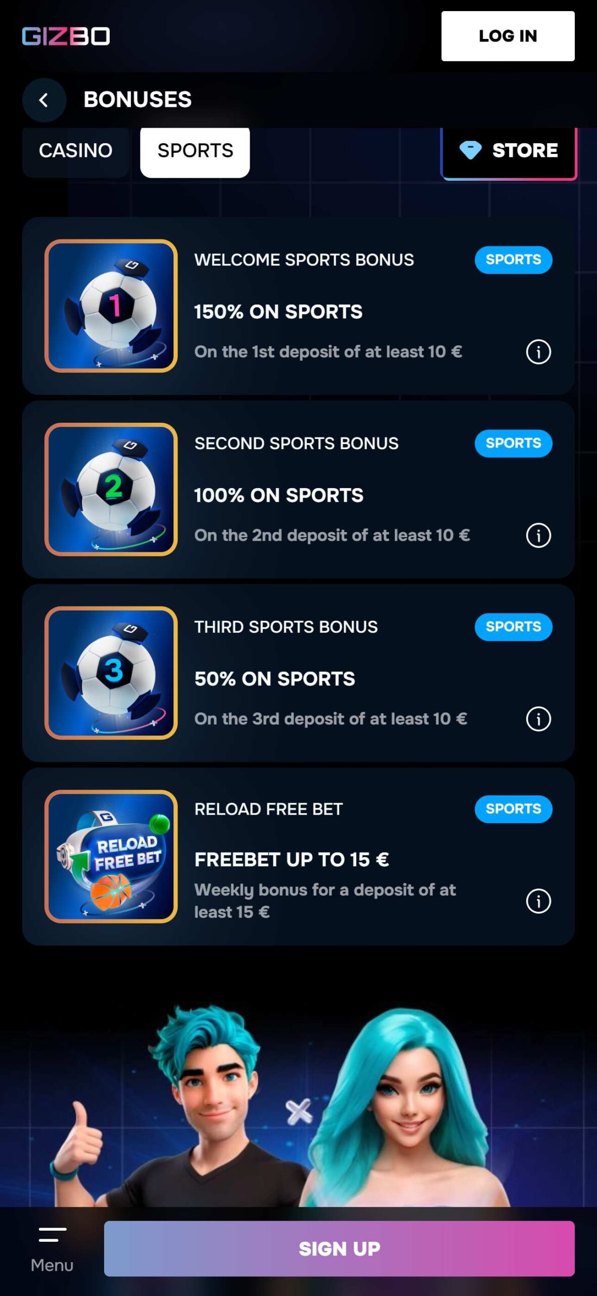 Gizbo Bookmaker Sport Bonuses (mobile), allbets.tv