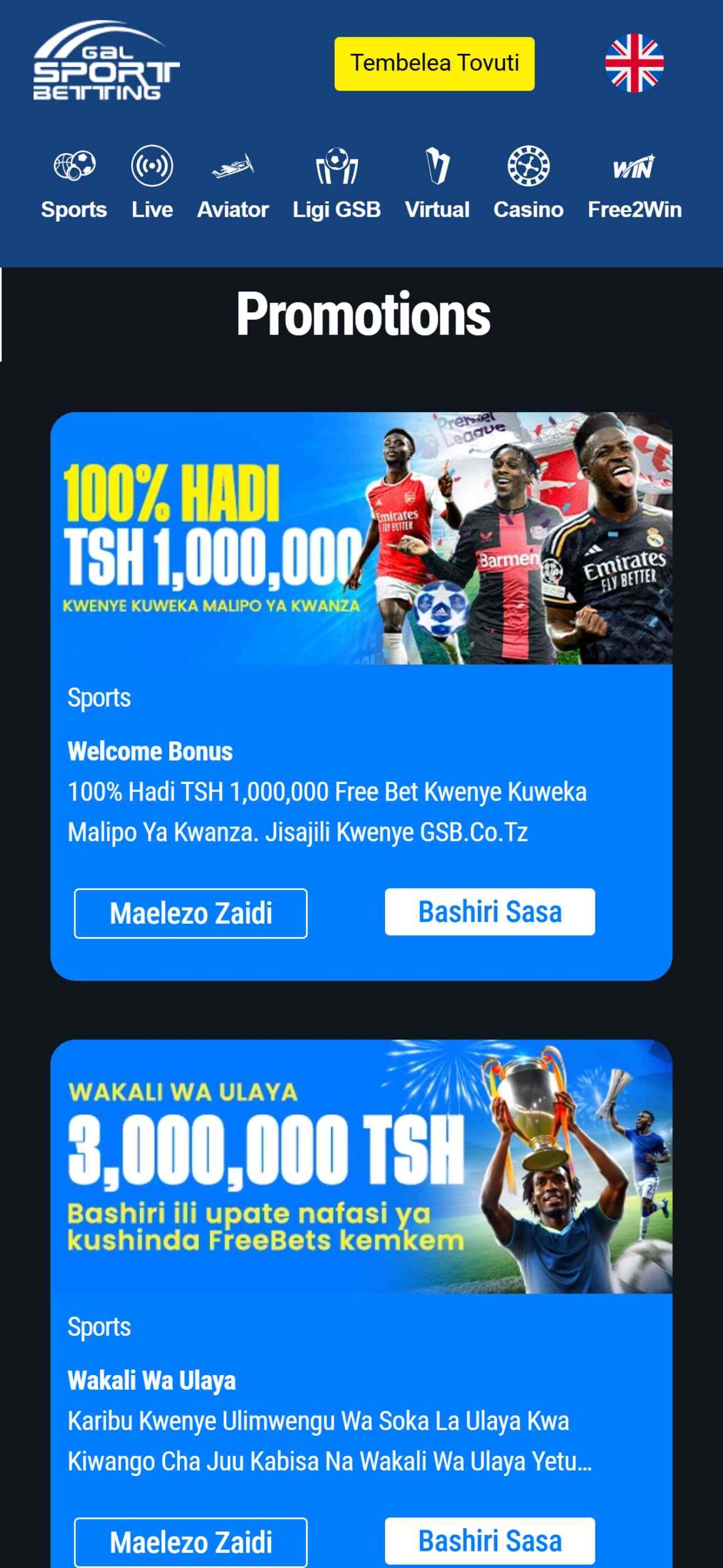 GSB Sport Betting Bonuses Tanzania (mobile), allbets.tv