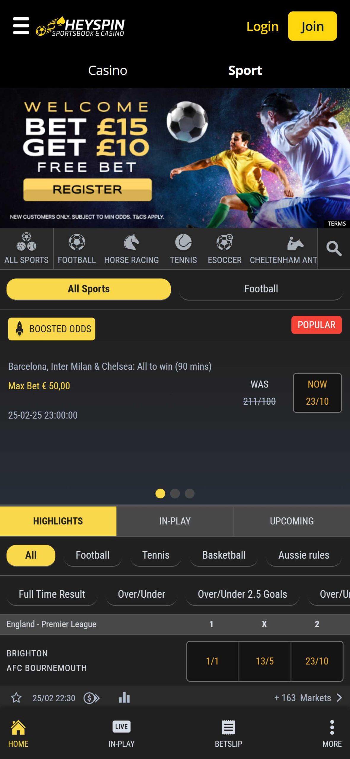 HeySpin Bookmker Sport Betting in UK (mobile), allbets.tv