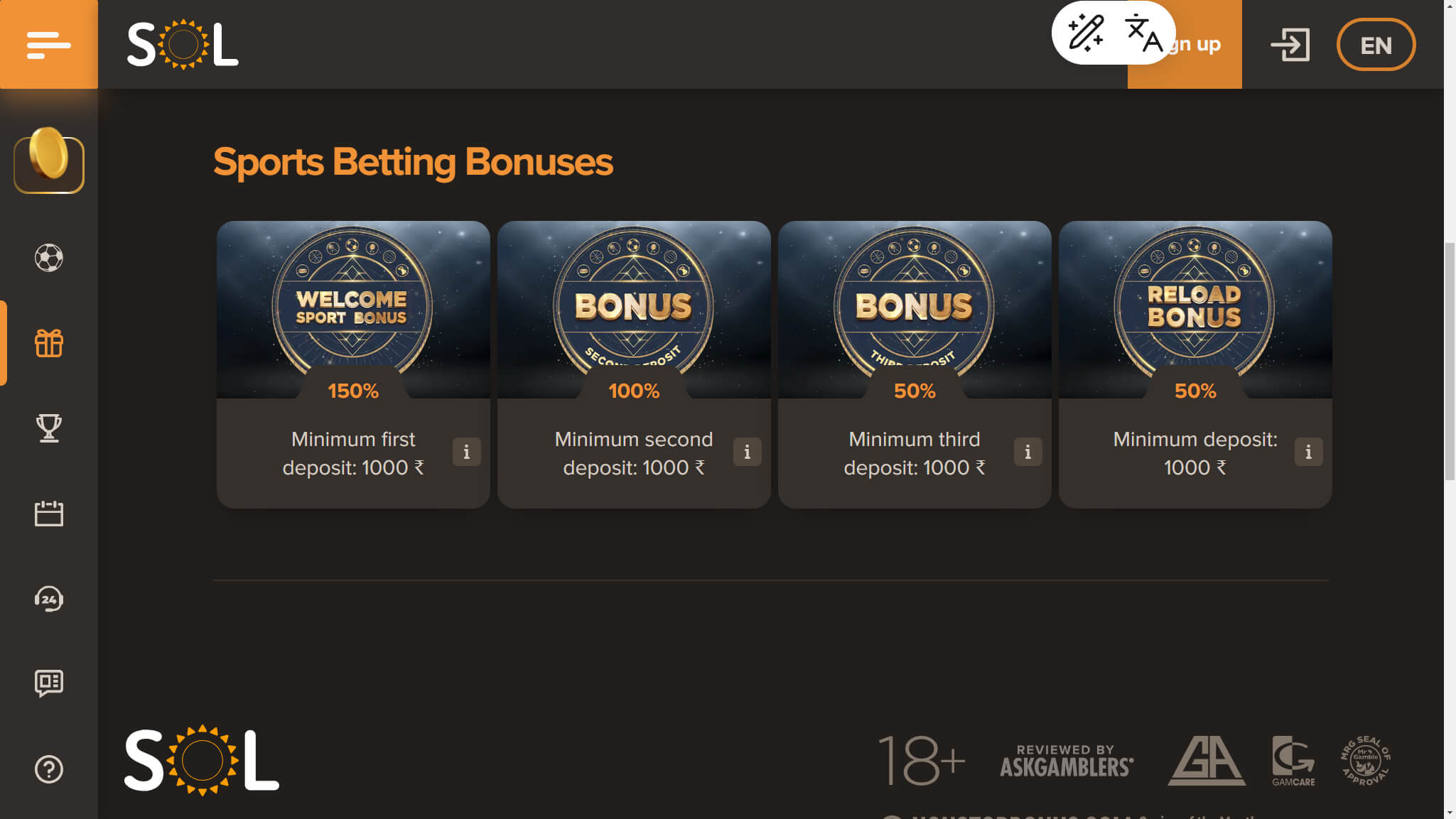 Sol Bookmaker Sport Bonuses India, allbets.tv