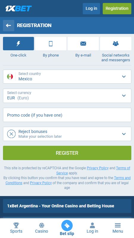1xbet register step 1