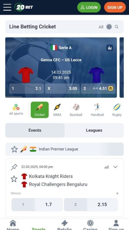 20Bet Cricket betting sites