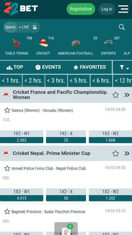 22Bet Cricket betting