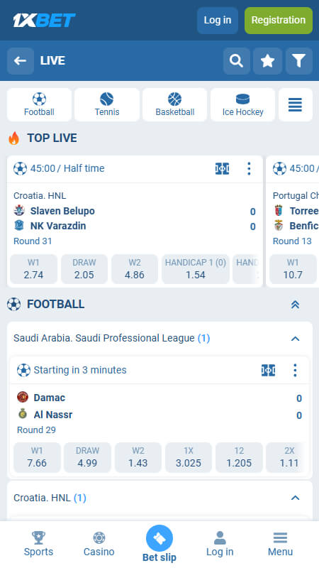 1xBet Bookmaker Live betting