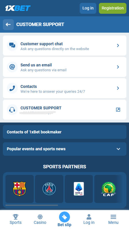 1xBet technical support page
