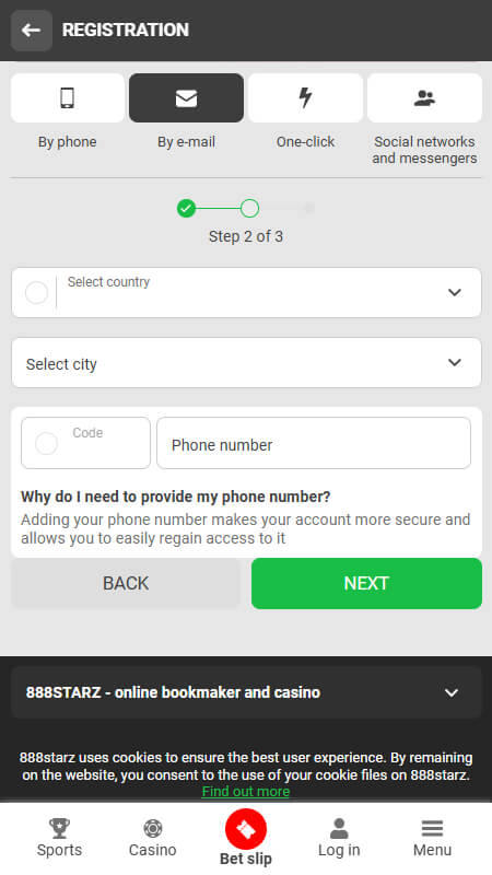 888starz register step 2