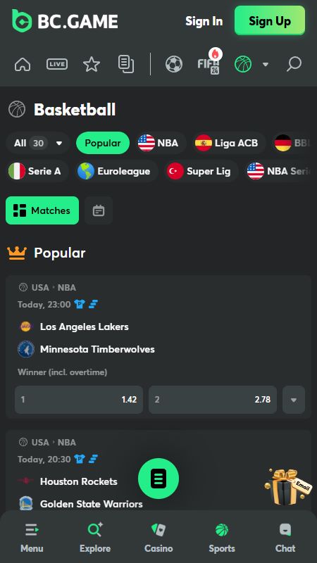 Online basketball betting section on BC.Game