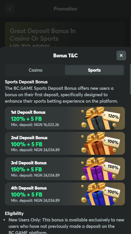 BC.Game Bookmaker sport bonuses Nigeria