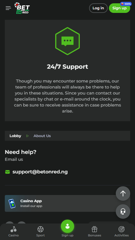 BetOnRed support page Nigeria