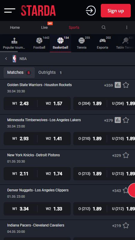 Online basketball section on Starda