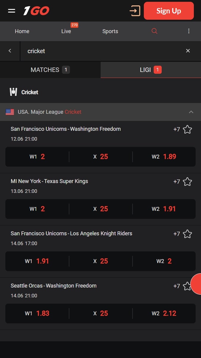 1Go Cricket Betting Page