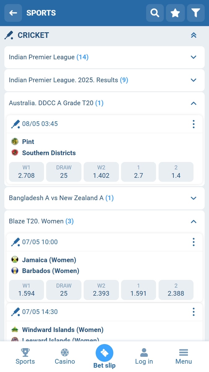 Popular cricket events at 1xbet