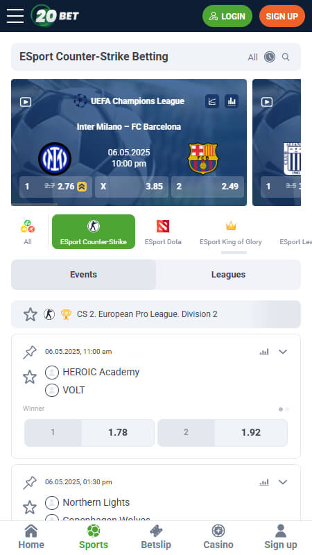 20Bet Bookmaker CS:GO betting