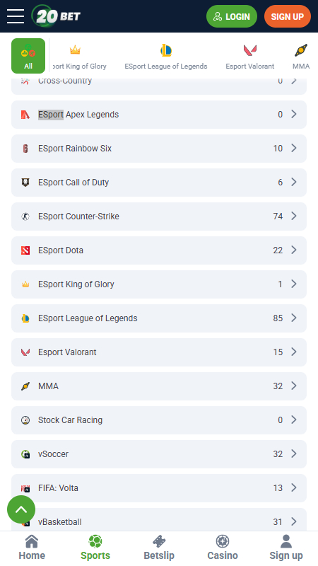 20Bet Bookmaker eSports betting